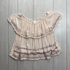 Piper by Townsen Off Shoulder Cream & Red Embroidered Boho Blouse Size Large